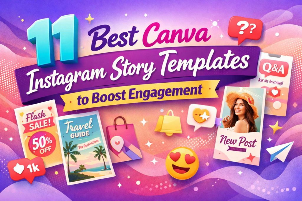 Collage of Canva Instagram Story template styles including beige, dark, rustic, white, blush, and rose gold