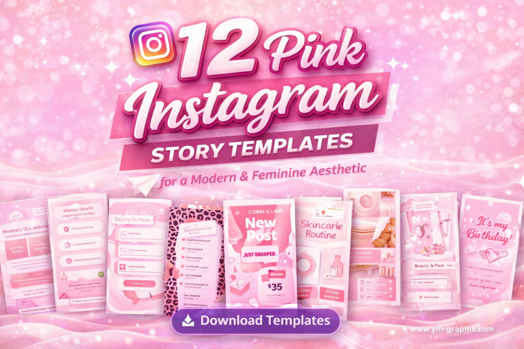 Premium Pinterest cover featuring 12 pink Instagram Story templates in a modern feminine aesthetic
