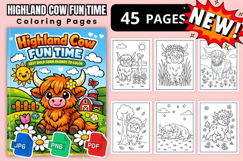 Highland Cow Fun Time Coloring Pages