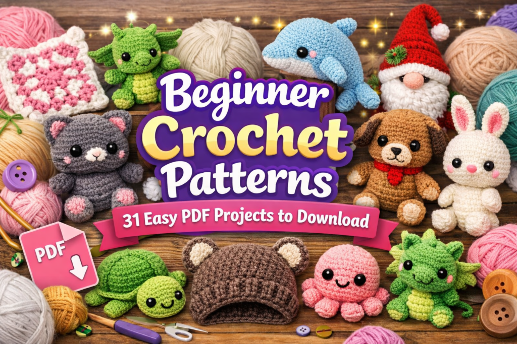 Beginner crochet patterns: amigurumi animals, beanies, baskets, blankets, and Christmas granny squares