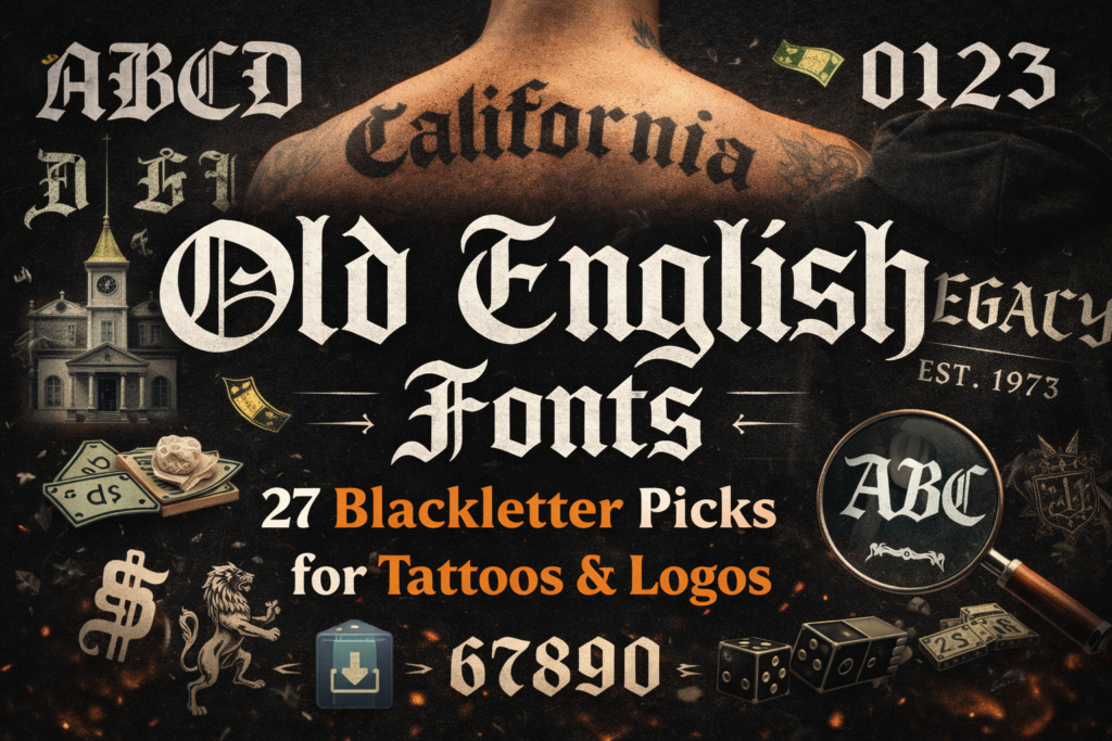 Old English font blackletter guide with tattoo-ready alphabet letters and numbers