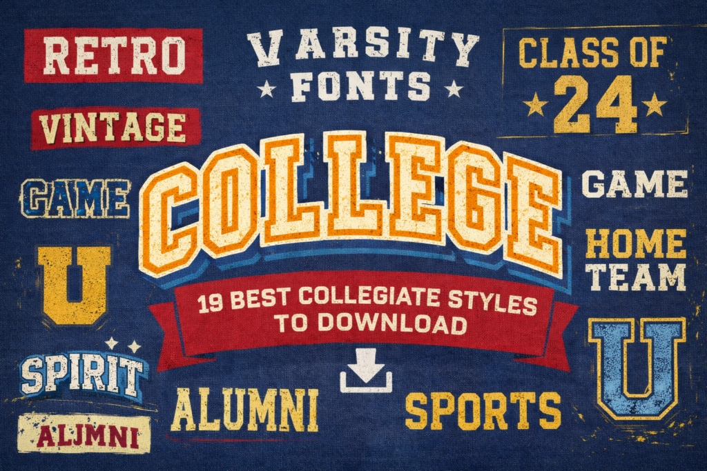 Varsity fonts guide with bold collegiate lettering picks for creative designers.
