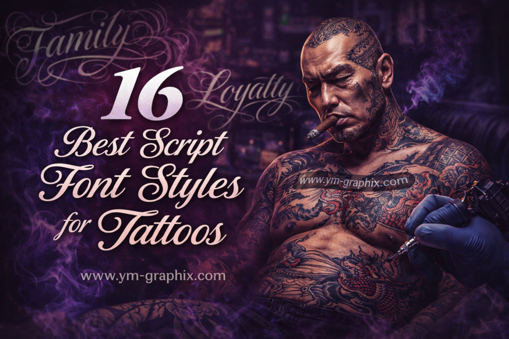 16 Best Script Font Styles for Tattoos cover image with elegant script lettering, tattooed arm, tattoo machine, and dark purple smoky background