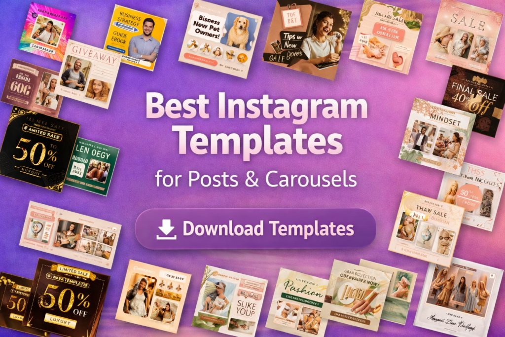 Best Instagram templates for posts and carousels cover image with a purple gradient background, collage of social media template previews, and a download templates button