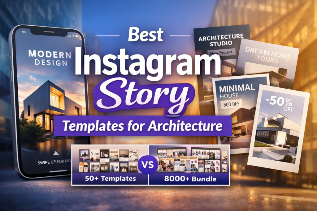 16:9 cover image for a blog post about Instagram Story template architecture for architecture brands, featuring a smartphone mockup, template previews, and the headline “Best Instagram Story Templates for Architecture”.