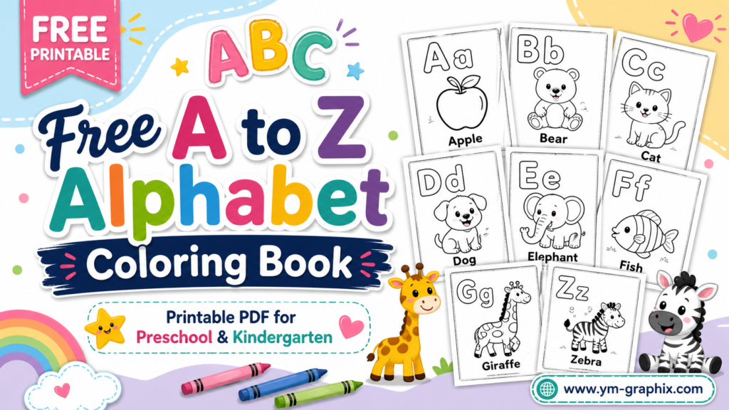 Free A to Z Alphabet Coloring Book printable cover with cute alphabet illustrations for kids