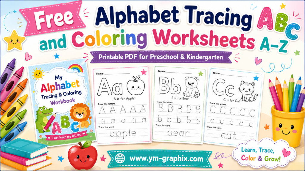 Free Alphabet Tracing and Coloring Worksheets A-Z printable cover for preschool and kindergarten with ABC tracing practice