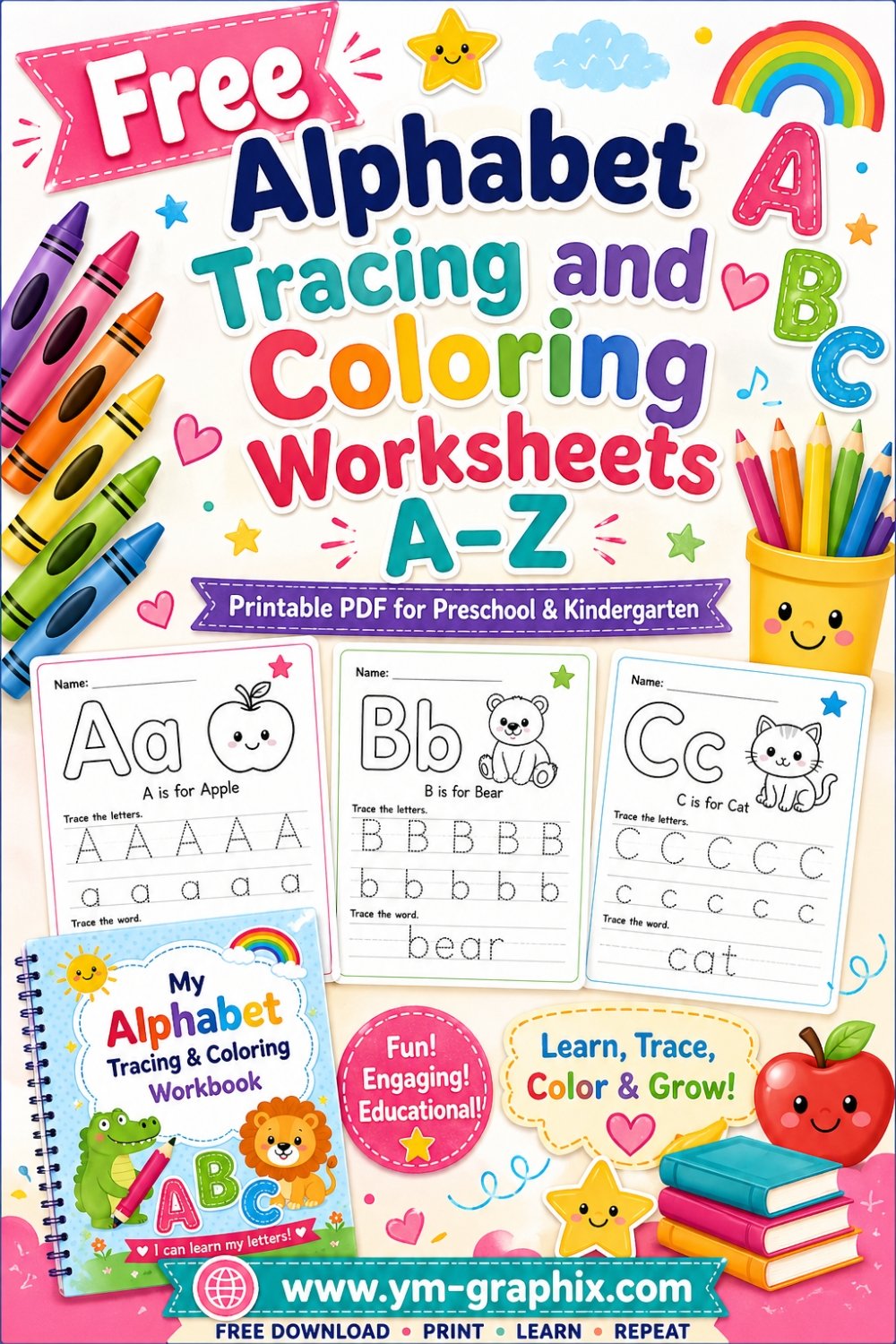 Free Alphabet Tracing and Coloring Worksheets A-Z Printable PDF for ...