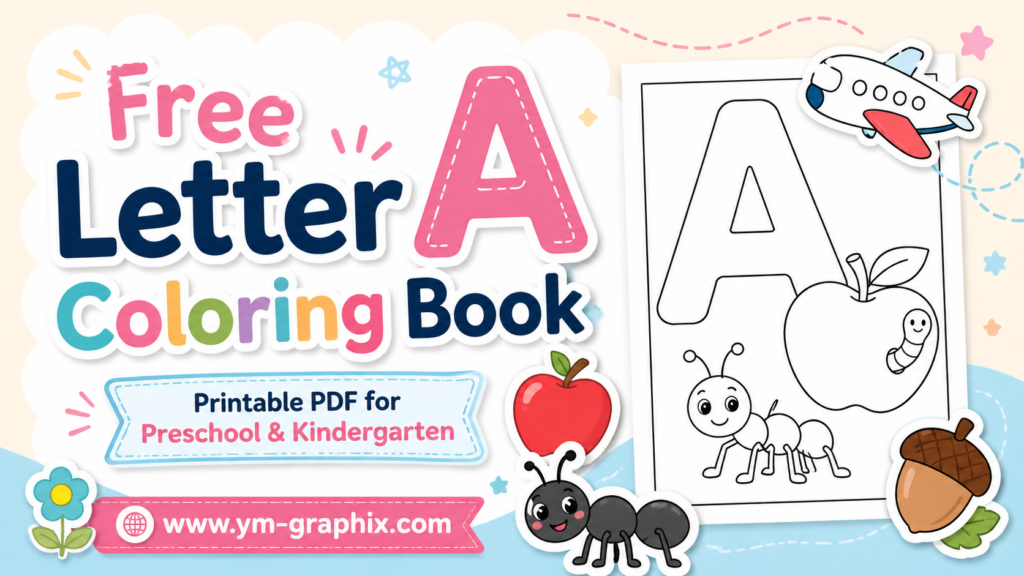Free Letter A Coloring Book printable cover with large letter A and cute alphabet illustrations