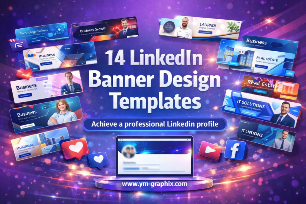 Futuristic 16:9 promotional graphic for a blog post about LinkedIn banner design templates, featuring glowing purple and blue effects, multiple sample banner mockups around the composition, a laptop with a LinkedIn-style profile, large headline text “14 LinkedIn Banner Design Templates,” and the brand name www.ym-graphix.com integrated on the illuminated platform.