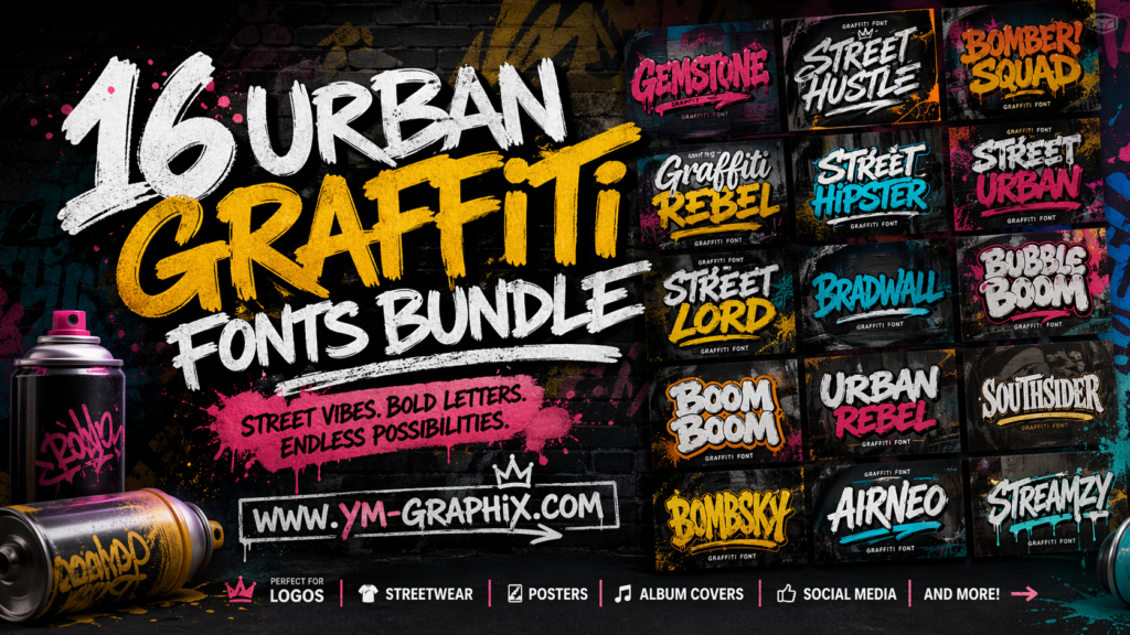 Urban graffiti fonts blog banner with bold street-style lettering, spray paint cans, colorful font tiles, and YM-Graphix branding on a dark brick wall background
