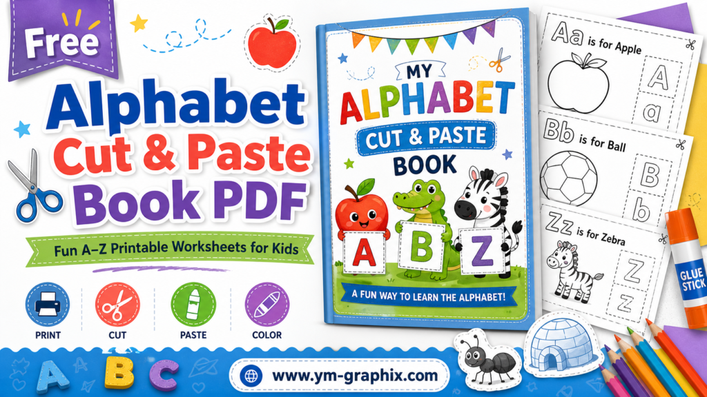 Alphabet cut paste book free printable PDF for preschool and kindergarten kids