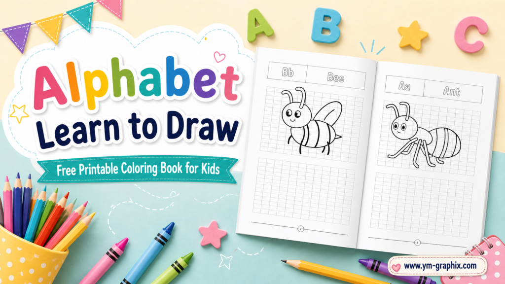 Free Alphabet Learn to Draw coloring book PDF for kids with ABC drawing and coloring pages