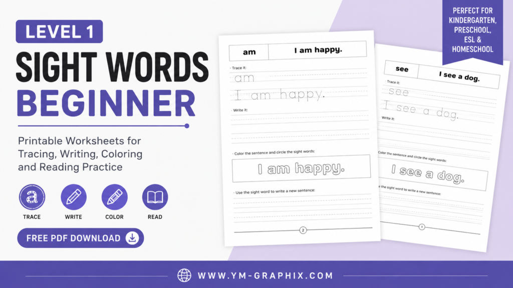Kindergarten sight words worksheets PDF workbook for kids with tracing writing coloring and reading practice