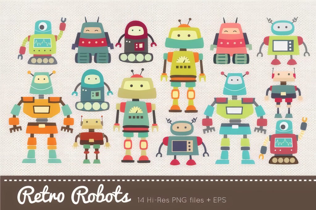 Retro Robots Clipart Vector 