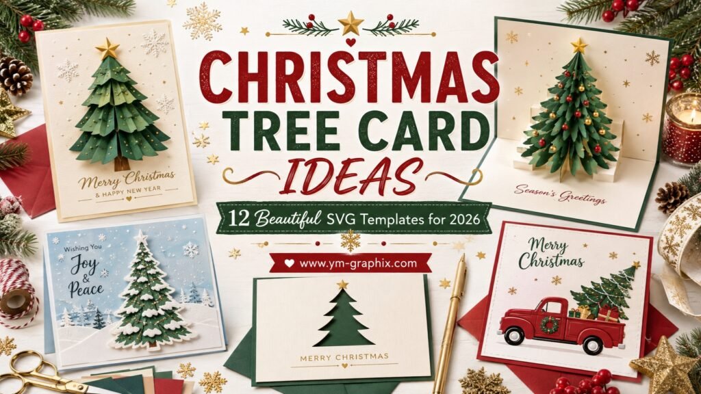 Christmas tree card ideas with layered paper trees, pop-up holiday cards, winter scenes and festive SVG templates