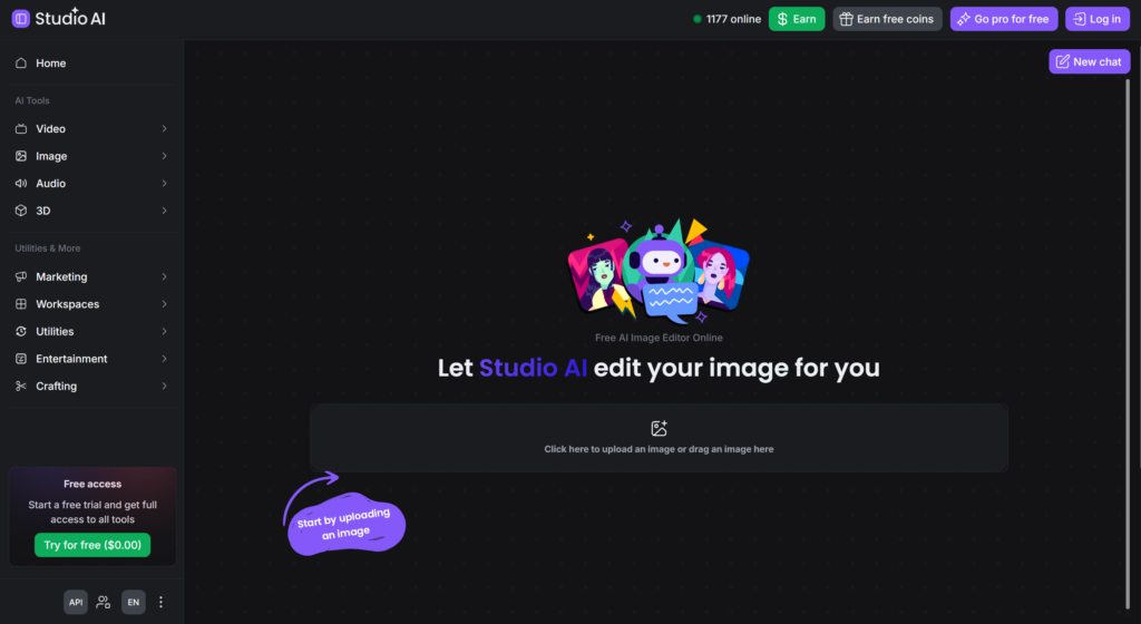 Editor upload screen for AI-assisted image editingTitle: Studio AI Image Editor