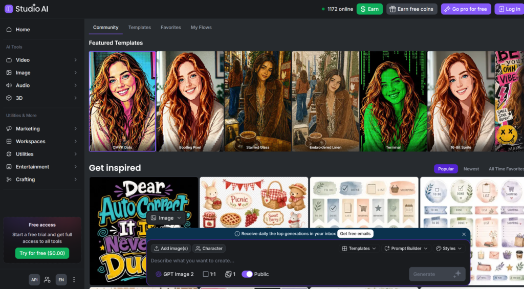 Creative Fabrica Studio AI Image Generator interface with templates and prompt builder