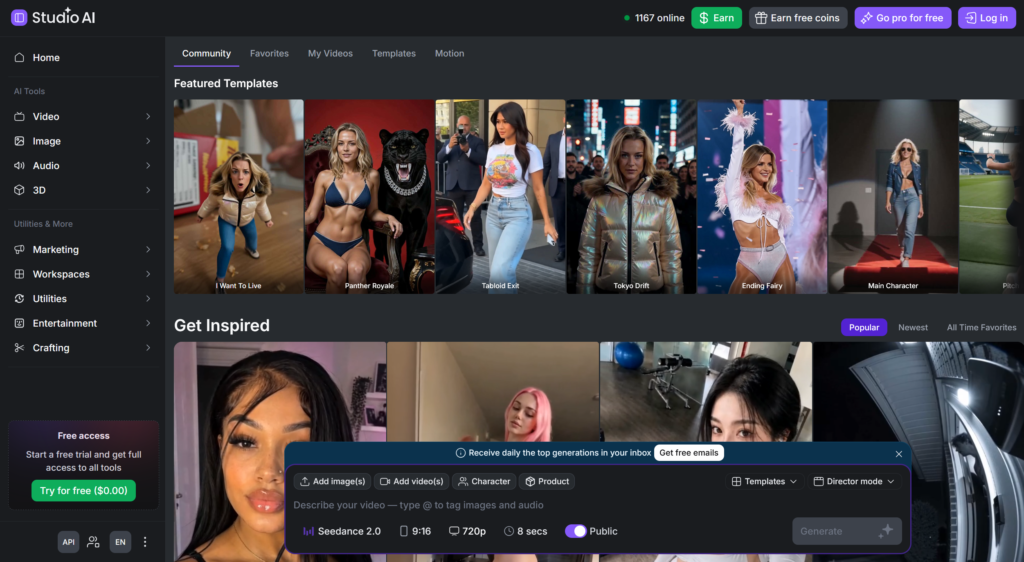 Creative Fabrica Studio AI Video Generator interface with templates and prompt controls