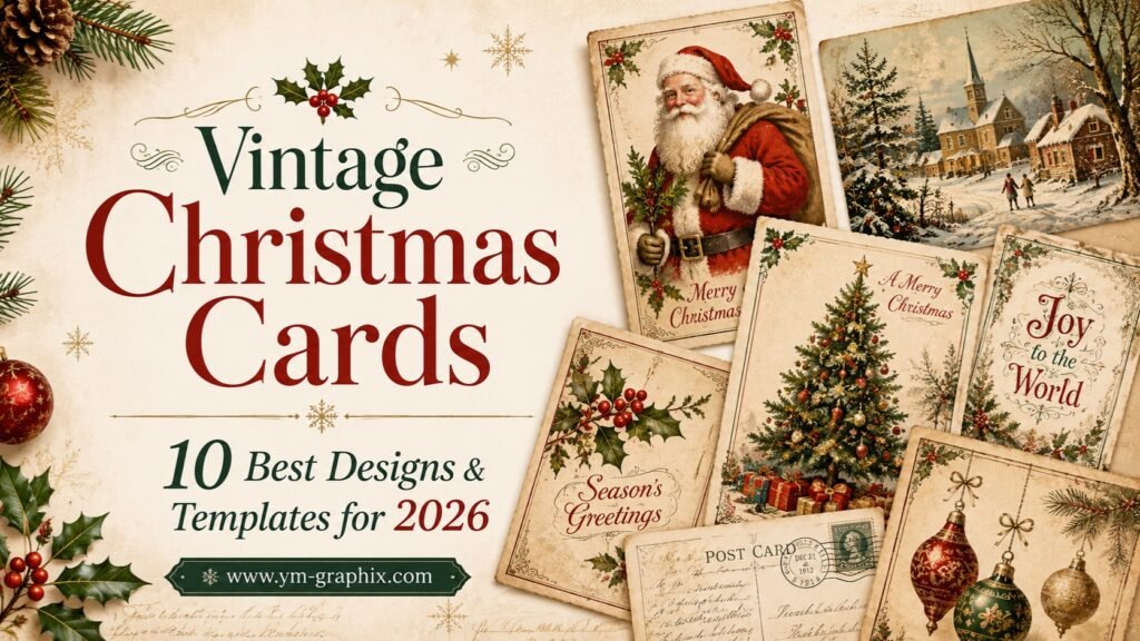 Vintage Christmas cards with Santa, Victorian winter village, Christmas tree and retro holiday designs