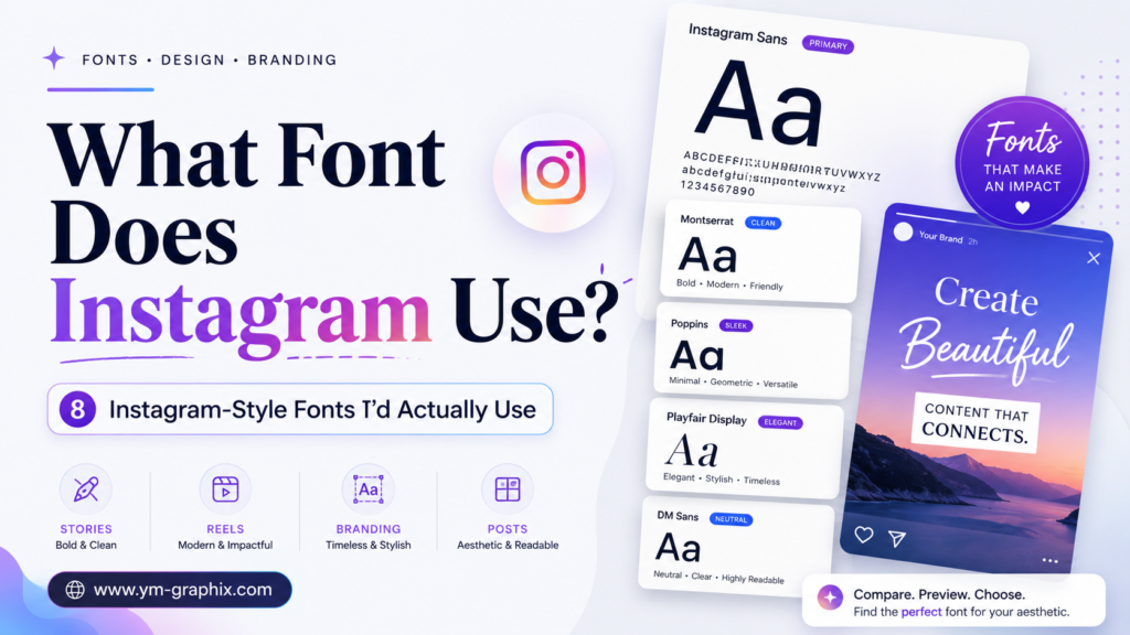 What Font Does Instagram Use guide featuring Instagram-style font examples, typography cards, Stories, Reels, branding ideas, and ym GRAPHIX.