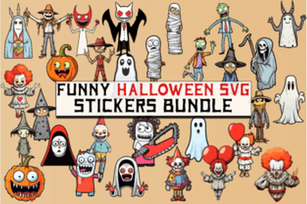 Funny Halloween SVG sticker bundle with spooky characters and seasonal designs