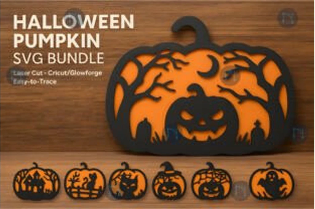 Halloween pumpkin SVG bundle with six jack o lantern designs for Cricut and laser cutting