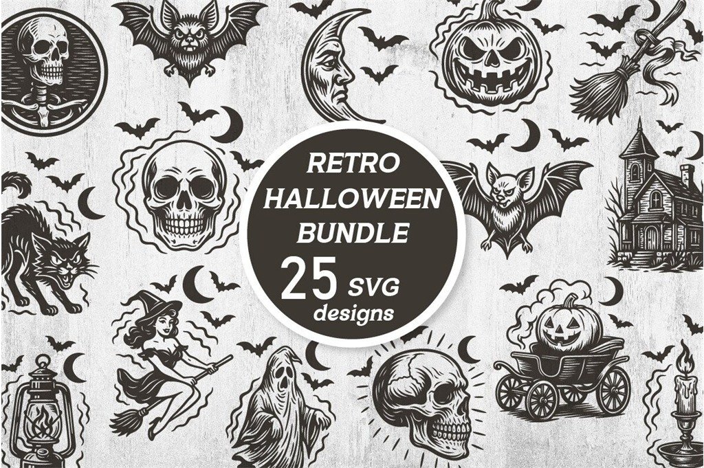 Retro Halloween SVG bundle with vintage haunted houses black cats witches bats and pumpkins