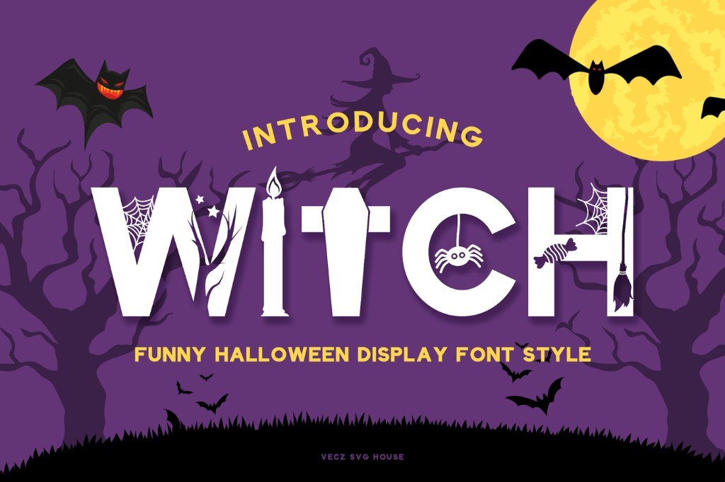 Halloween Witch decorative font with witch hat and broom details