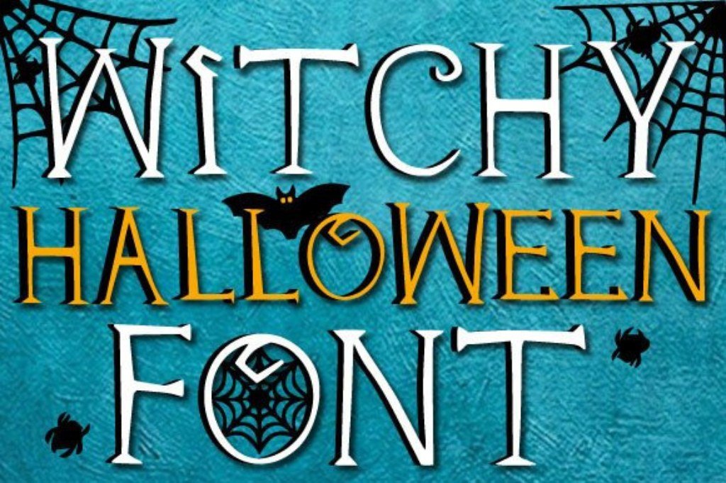 Halloween Witch font with bats spiders and cobweb details