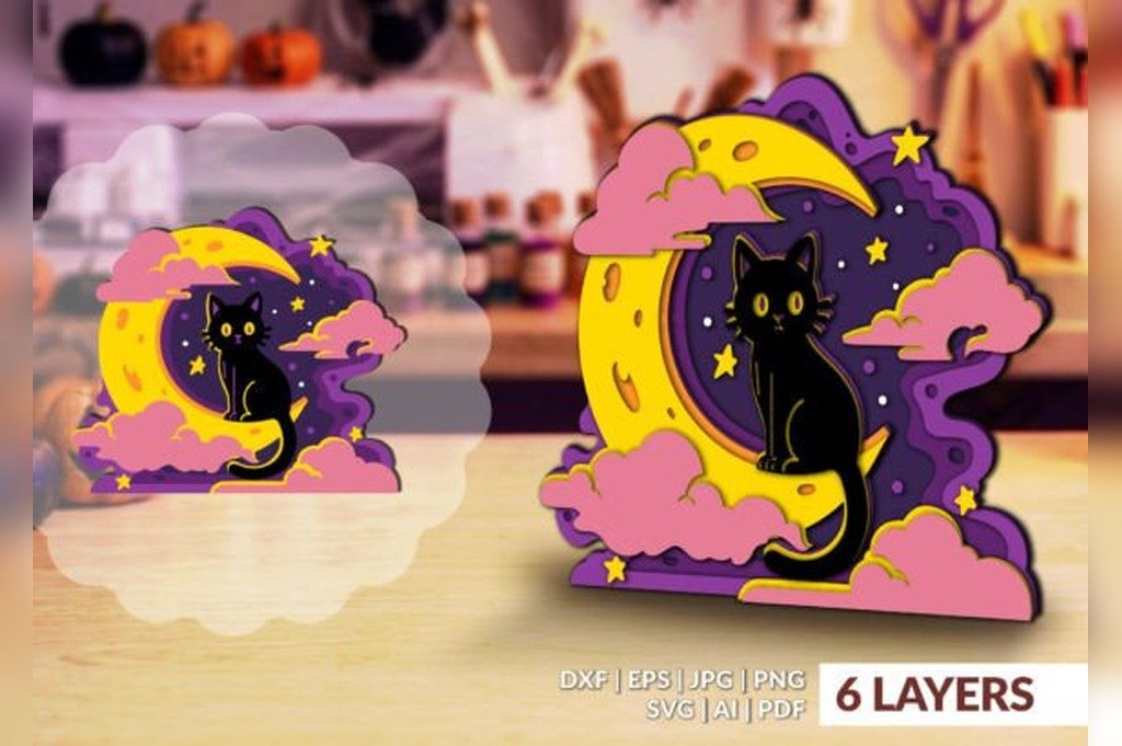 Halloween black cat 3D SVG papercut with crescent moon for Cricut, Silhouette and laser cutting
