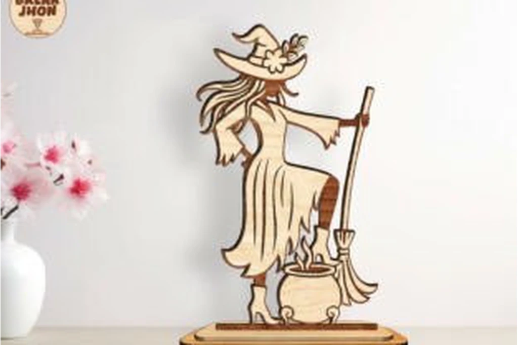 Halloween witch with cauldron SVG silhouette for laser cut and Cricut décor