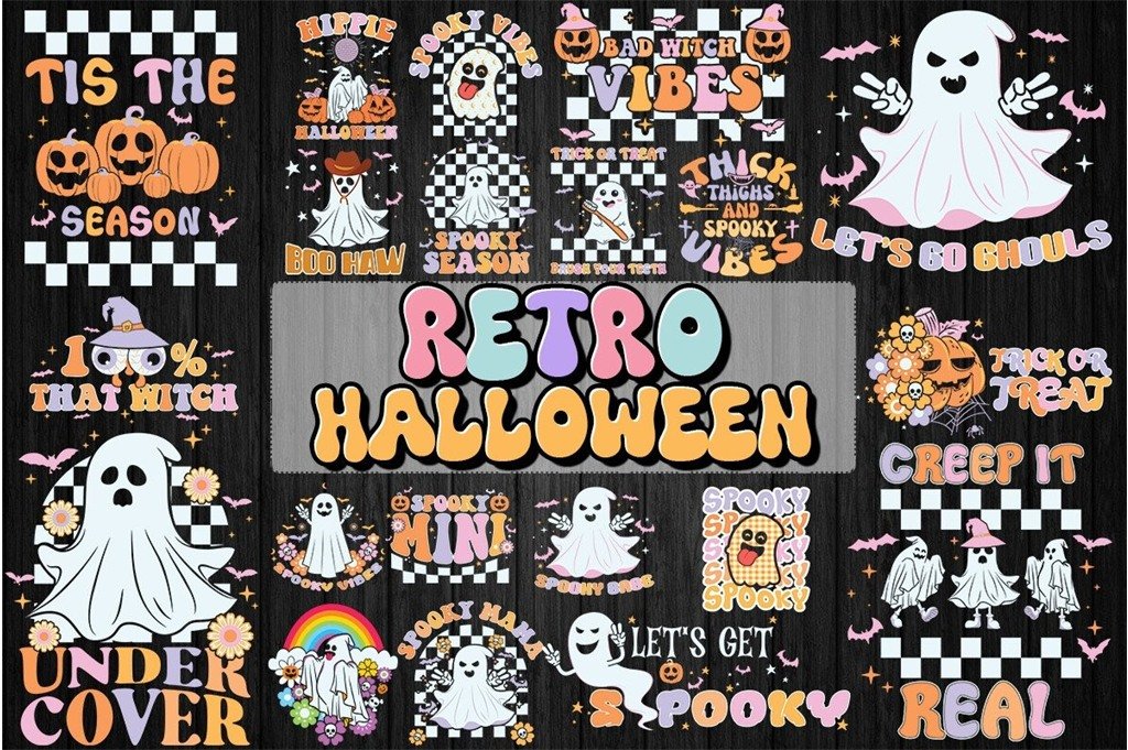 Retro Halloween SVG bundle with 20 spooky season quotes ghosts witches and pumpkins