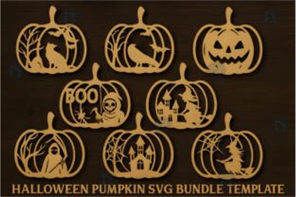 Laser cut Halloween pumpkin SVG bundle with haunted house witch bats ghosts and cats