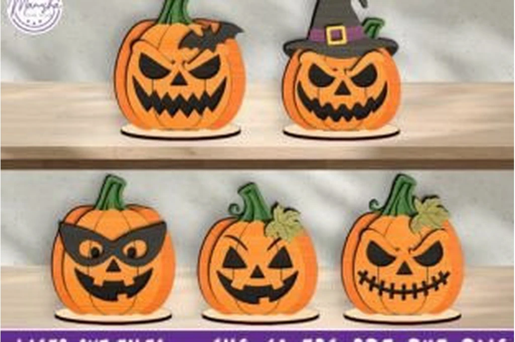 Layered Halloween pumpkin SVG bundle with five jack o lantern shelf sitter designs