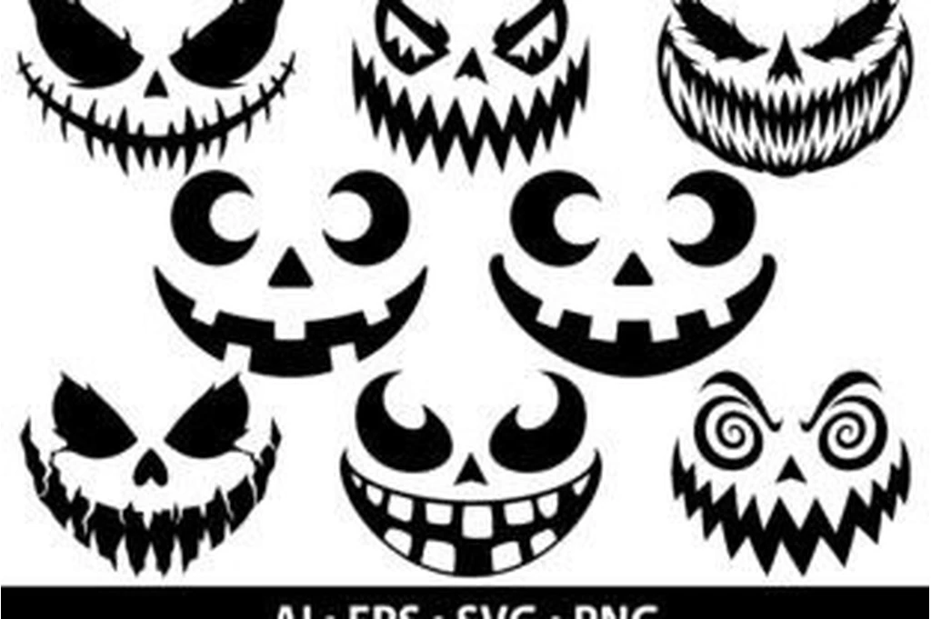 Halloween pumpkin face SVG bundle with eight spooky jack o lantern expressions