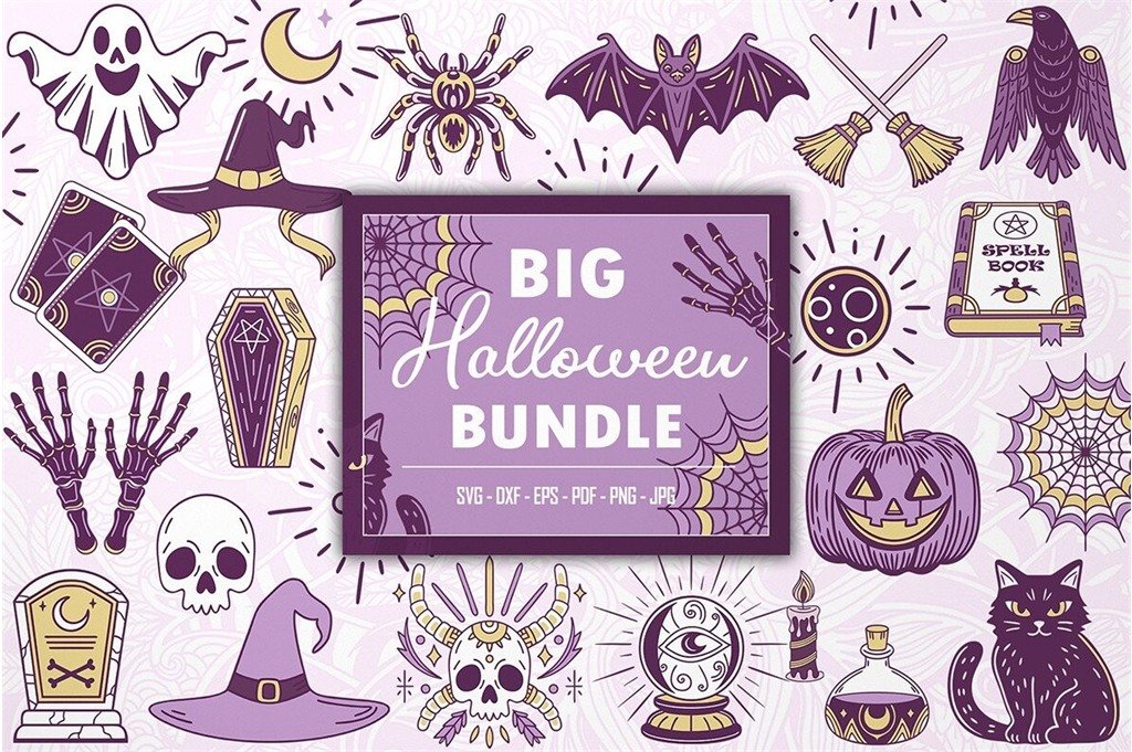 Big Halloween SVG bundle with witches ghosts skulls spell books cats bats spiders moons and pumpkins