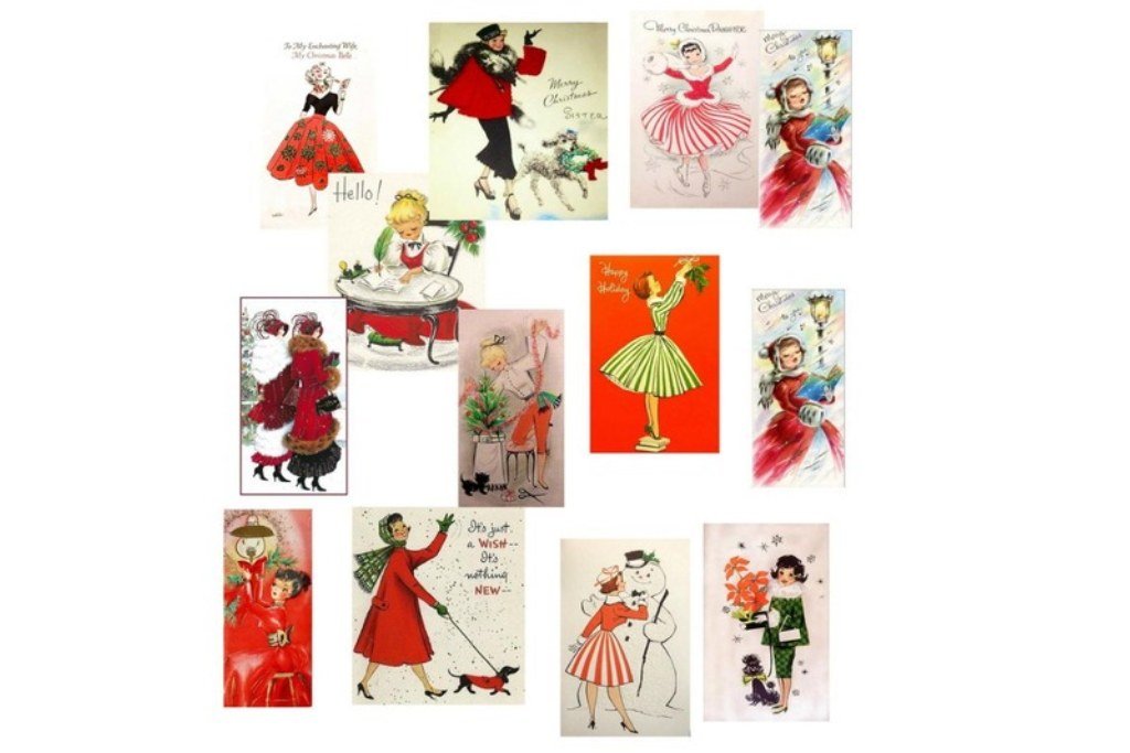 Vintage retro Christmas card graphics collection with nostalgic holiday artwork
