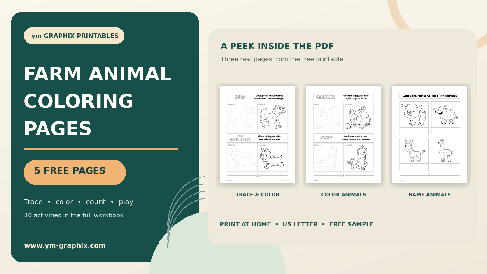 Farm animal coloring pages with three real printable worksheet previews: trace and color, animal names, and 5 free pages