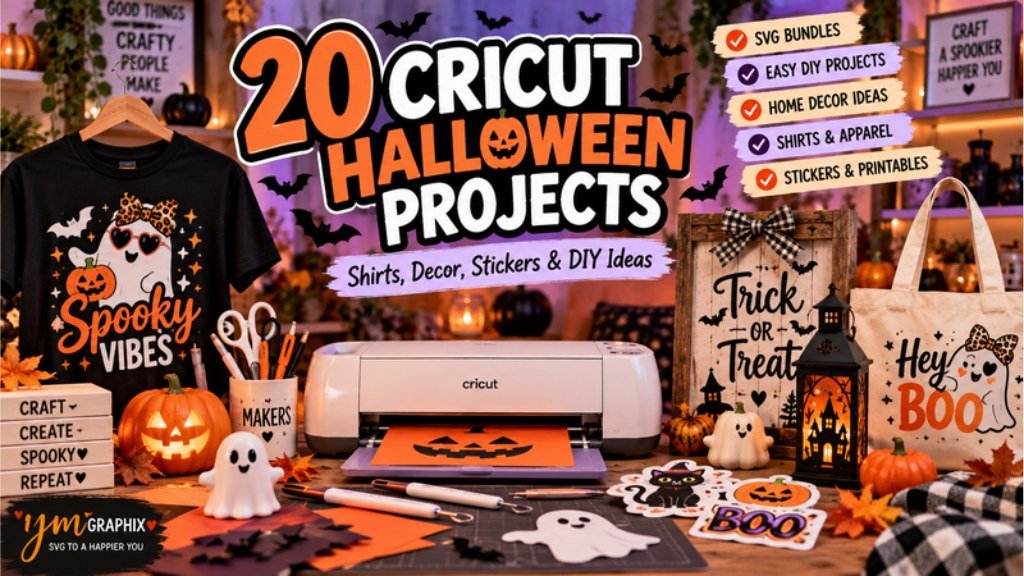 Cricut Halloween projects with shirts stickers decor and DIY craft ideas