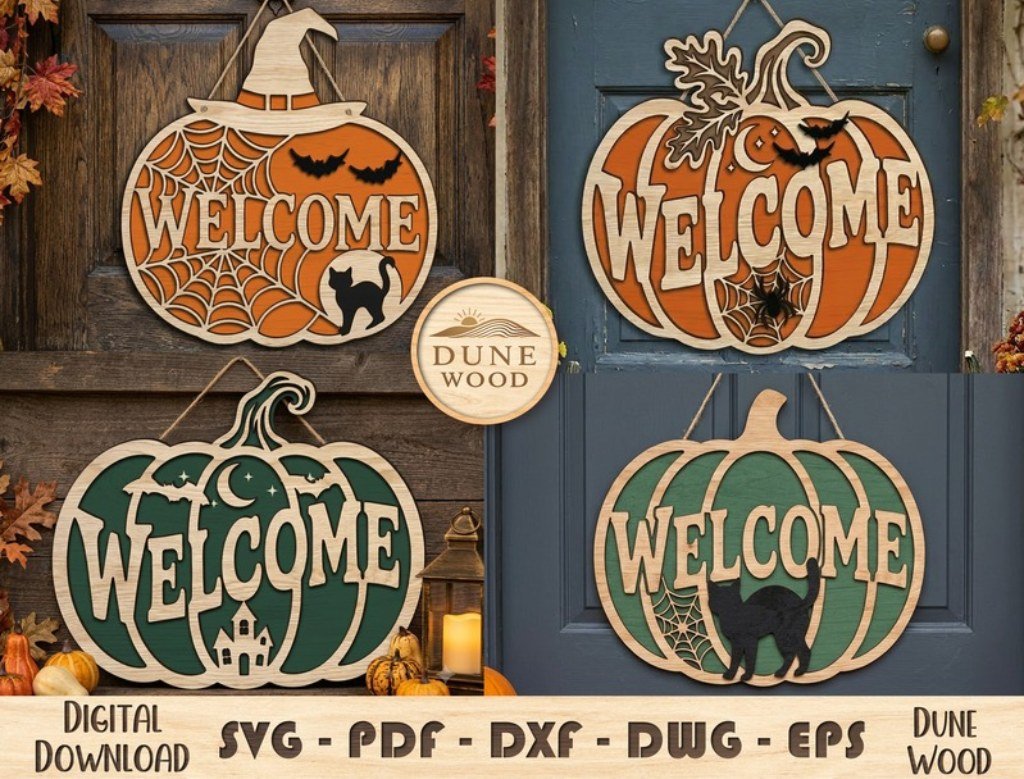 DIY pumpkin wooden Halloween welcome sign for porch