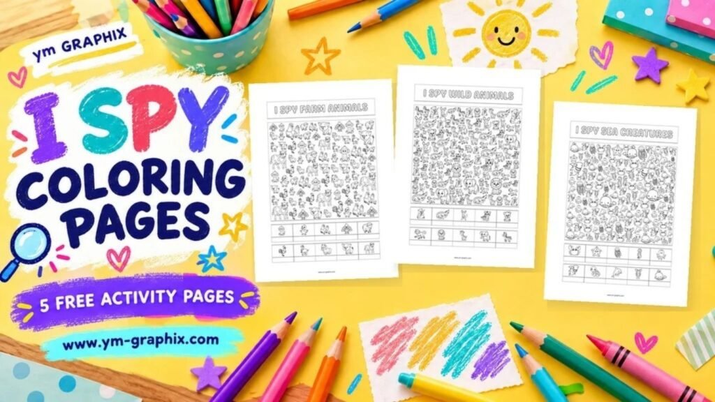 Colorful I Spy coloring pages with printable find, count and color activities for kids.