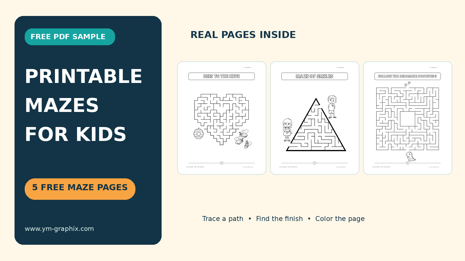 Printable mazes for kids: three real activity pages from the free PDF