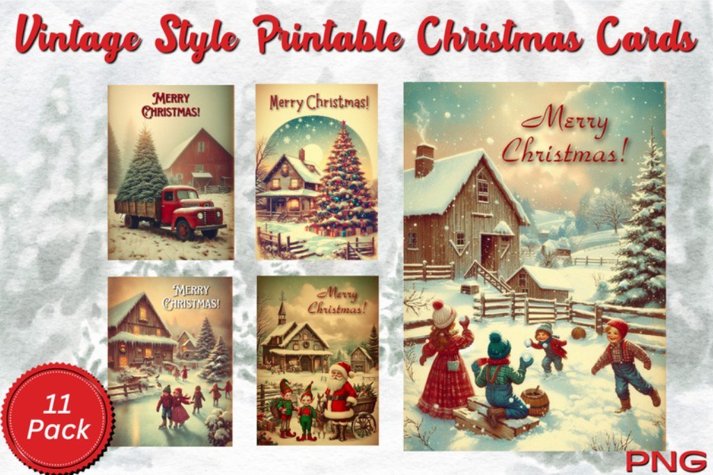 Printable vintage Christmas cards bundle with eleven nostalgic holiday designs