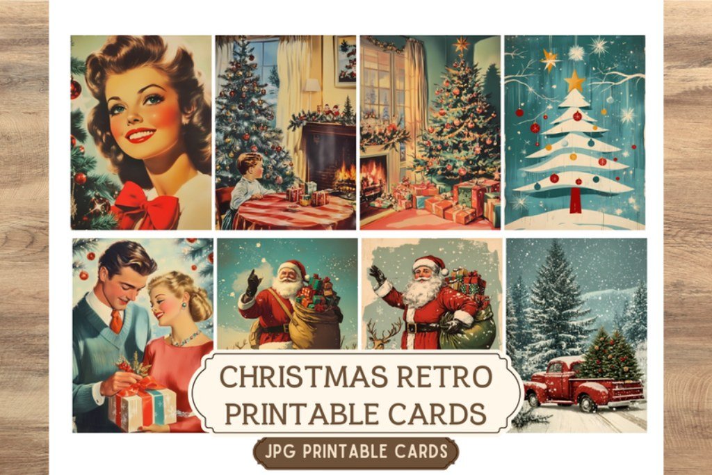 Printable vintage retro Christmas card in nostalgic 1950s holiday style