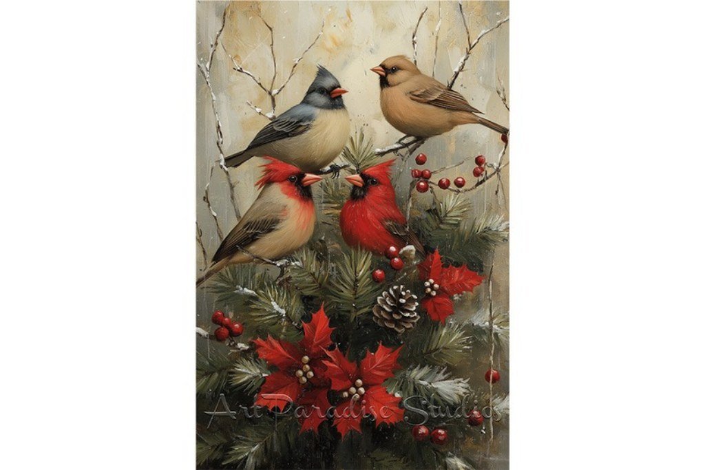 Retro Cardinals with Pine Holiday Print Retro Christmas cardinals pine holly poinsettia printable wall art