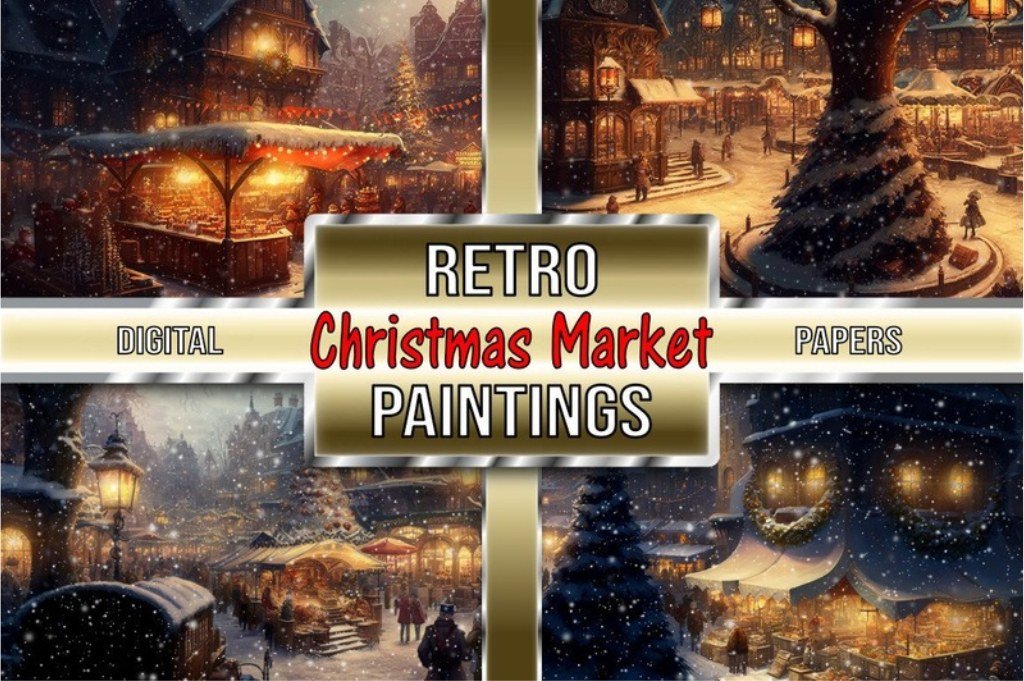 Retro Christmas Market Paintings Retro Christmas market paintings vintage printable wall art bundle
