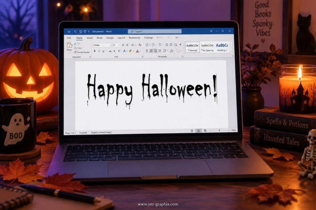 Chiller spooky font example in Microsoft Word with Happy Halloween text