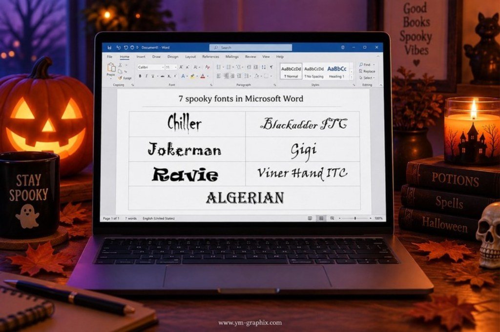 Seven spooky fonts in Microsoft Word including Chiller Blackadder ITC Jokerman Gigi Ravie Viner Hand ITC and Algerian