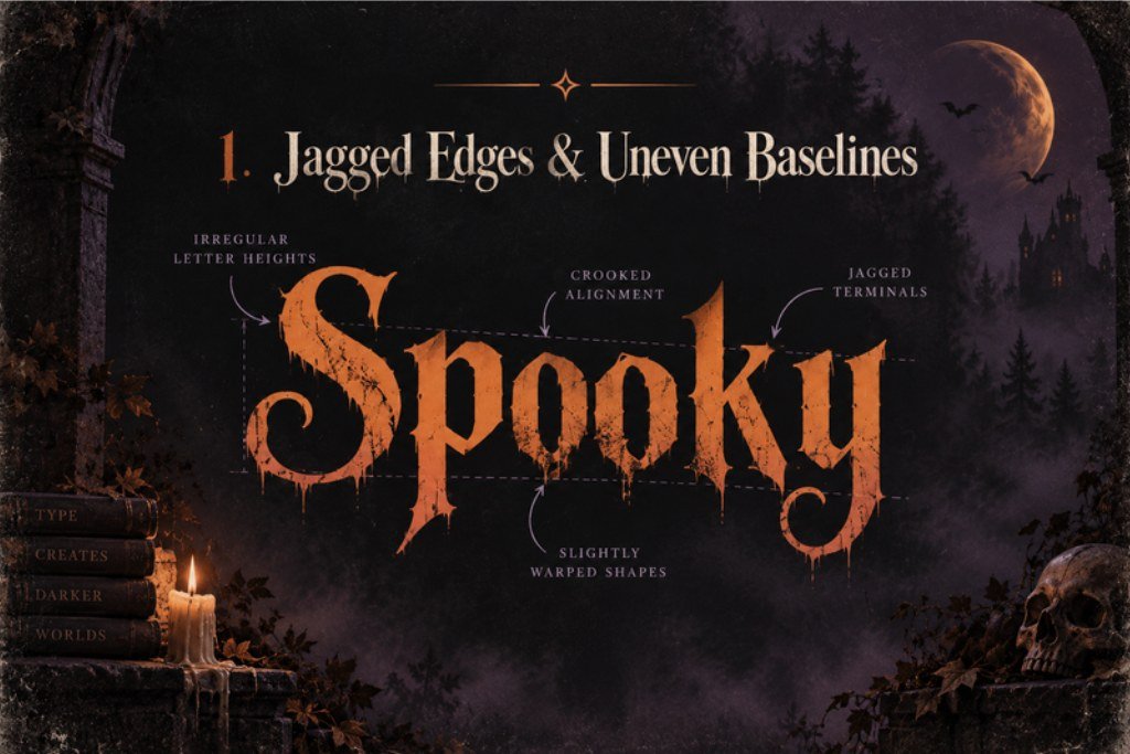 Spooky typography showing jagged edges and uneven baselines for Halloween lettering